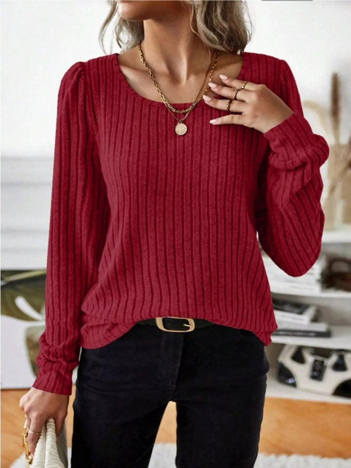 Red Ribbed knit scoop neck long sleeve top