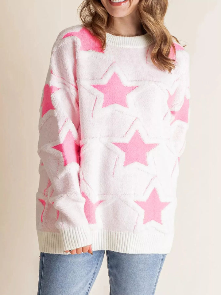 Blush Pink Oversized star knit sweater with drop shoulders and ribbed trim