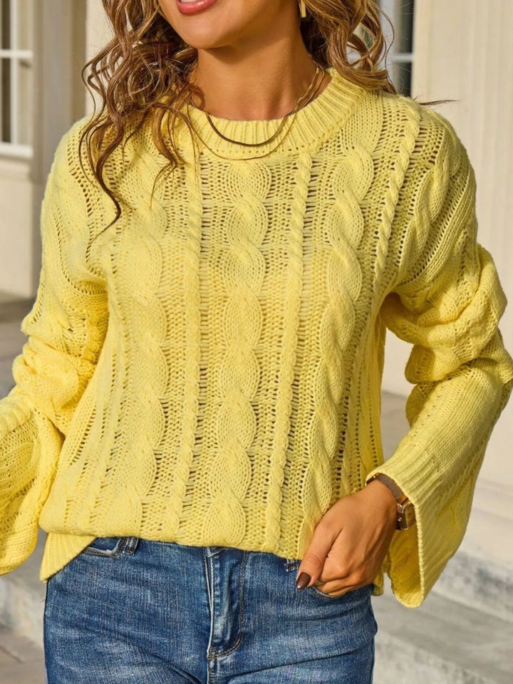 Openwork cable knit long sleeve crew neck sweater
