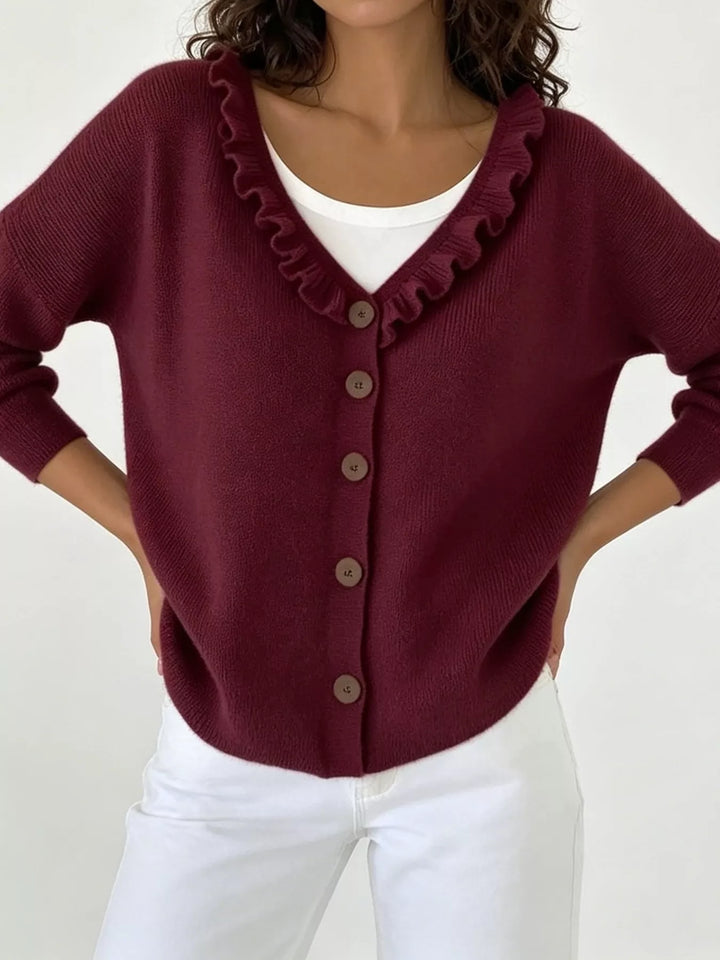 Burgundy Ruffle-trim V-neck button-front knit cardigan