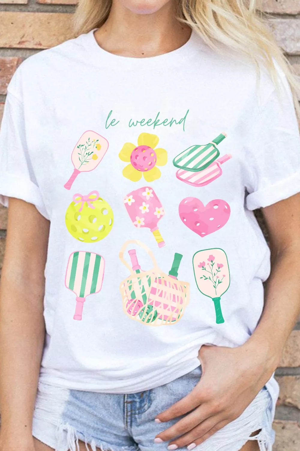 Le Weekend pickleball graphic short sleeve crew neck tee
