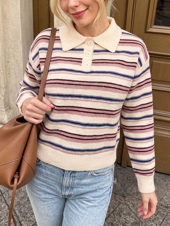 Striped knit polo collar sweater with ribbed trim