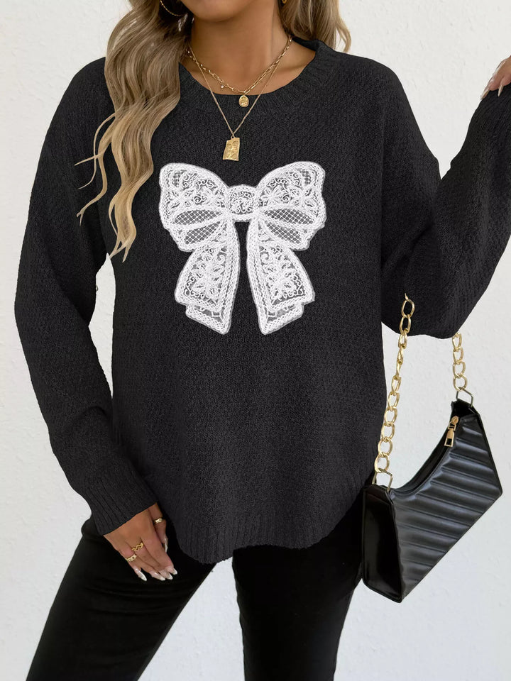 Black Lace bow applique crew neck knit sweater
