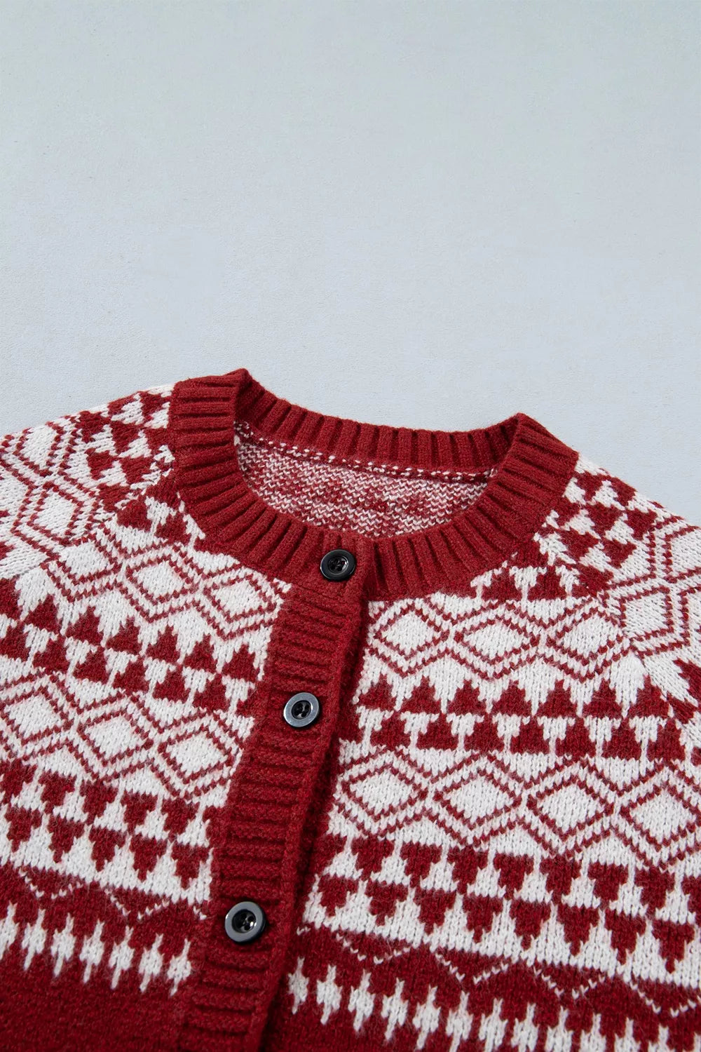 Fair isle geometric knit button-front cardigan
