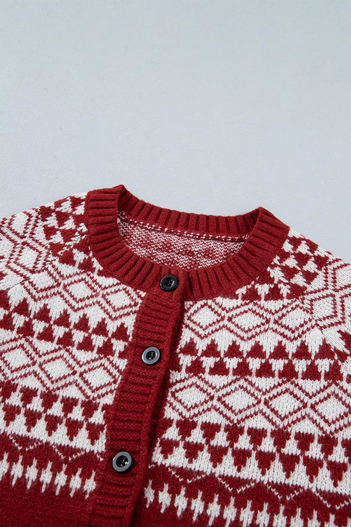 Fair isle geometric knit button-front cardigan