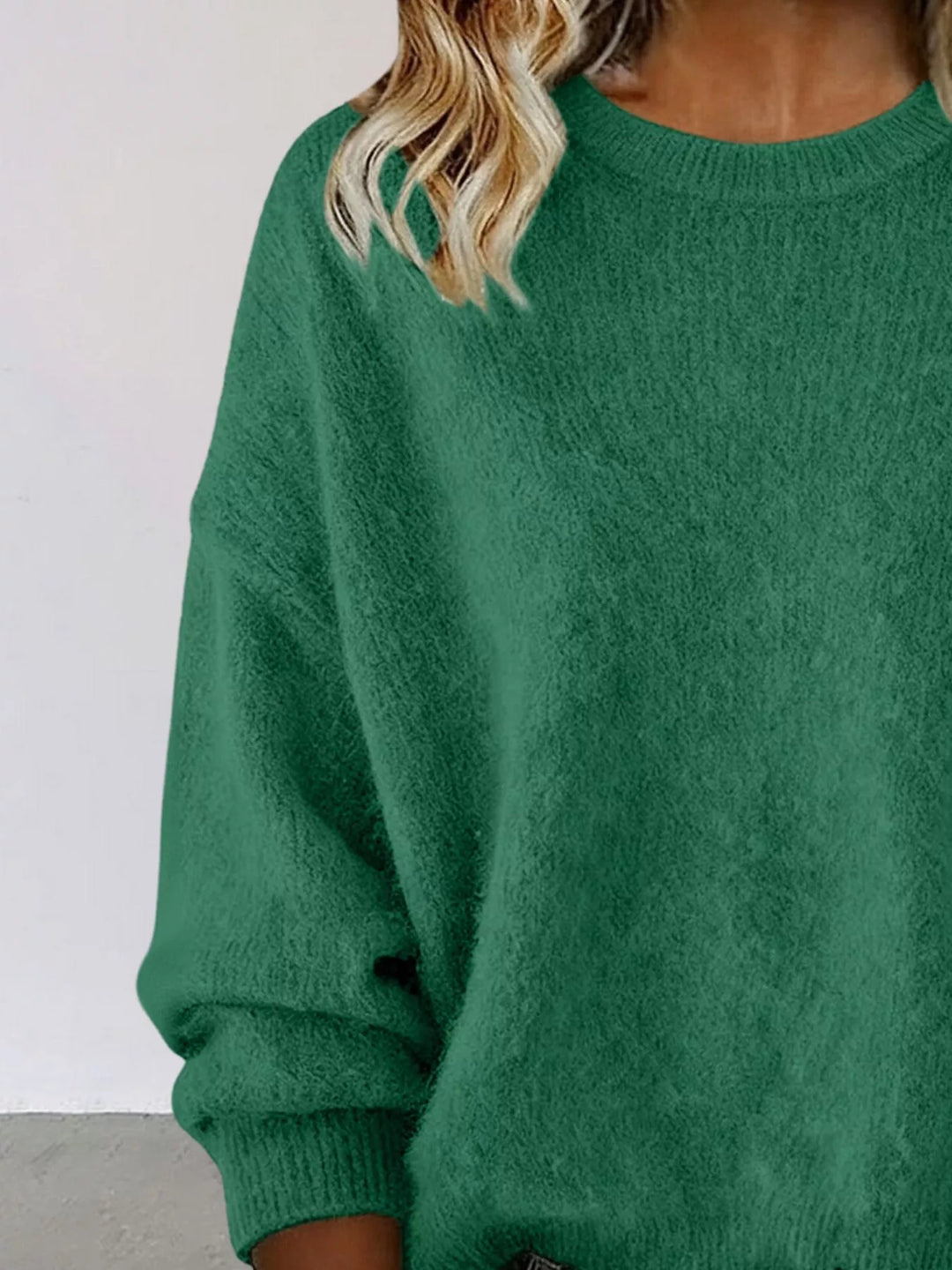 Dropped-shoulder crew neck knit sweater with ribbed trim