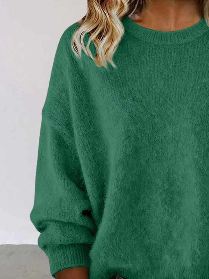 Dropped-shoulder crew neck knit sweater with ribbed trim
