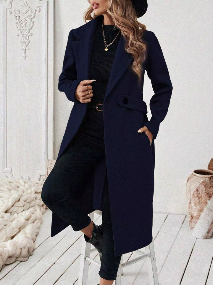 Navy Longline notch lapel coat with single-button waist tab
