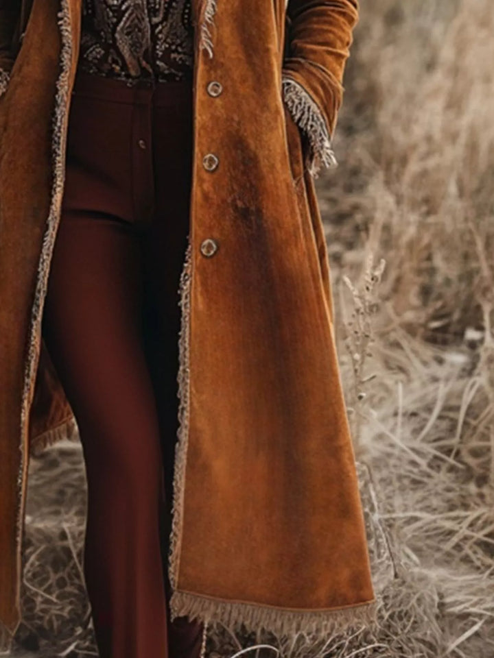 Fringe trim longline duster coat with button front
