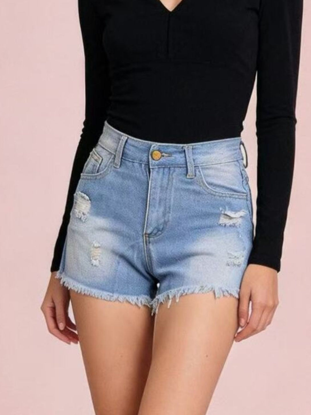 Distressed high-rise denim shorts with frayed raw hem