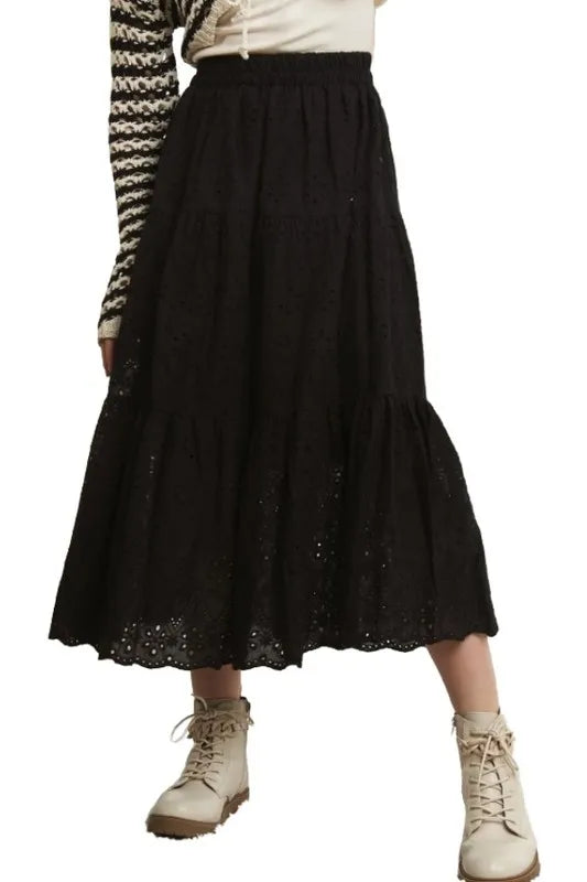 Black Tiered eyelet cotton midi skirt with elastic waist