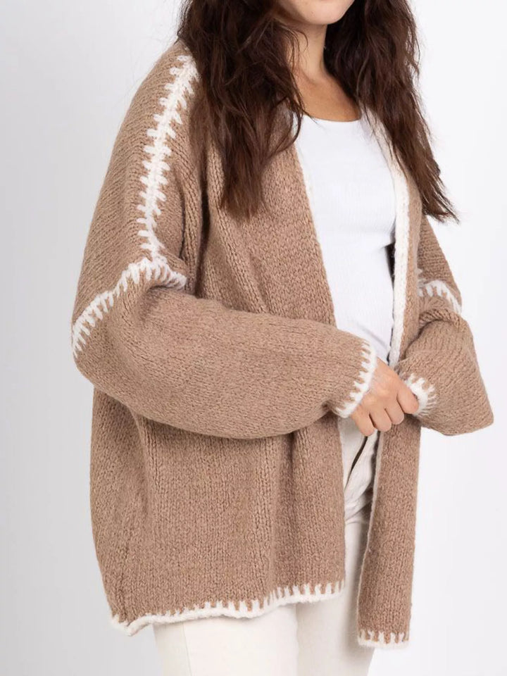 Camel Contrast whipstitch trim open front knit cardigan