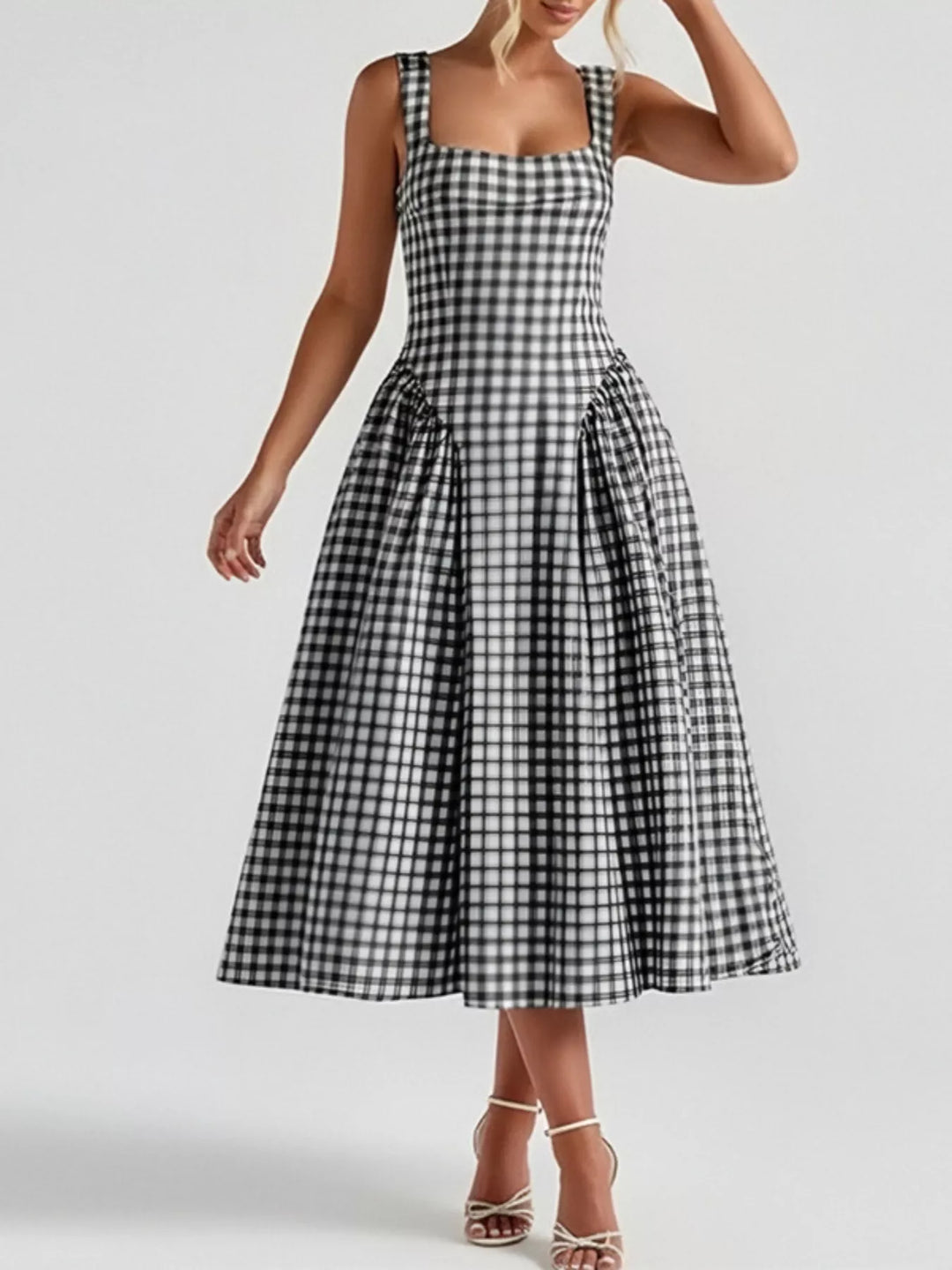 Black Plaid square-neck sleeveless fit-and-flare midi dress