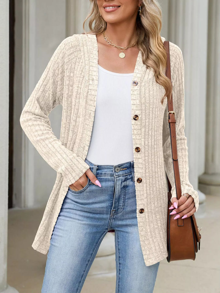 Ribbed knit hooded cardigan with tortoise buttons