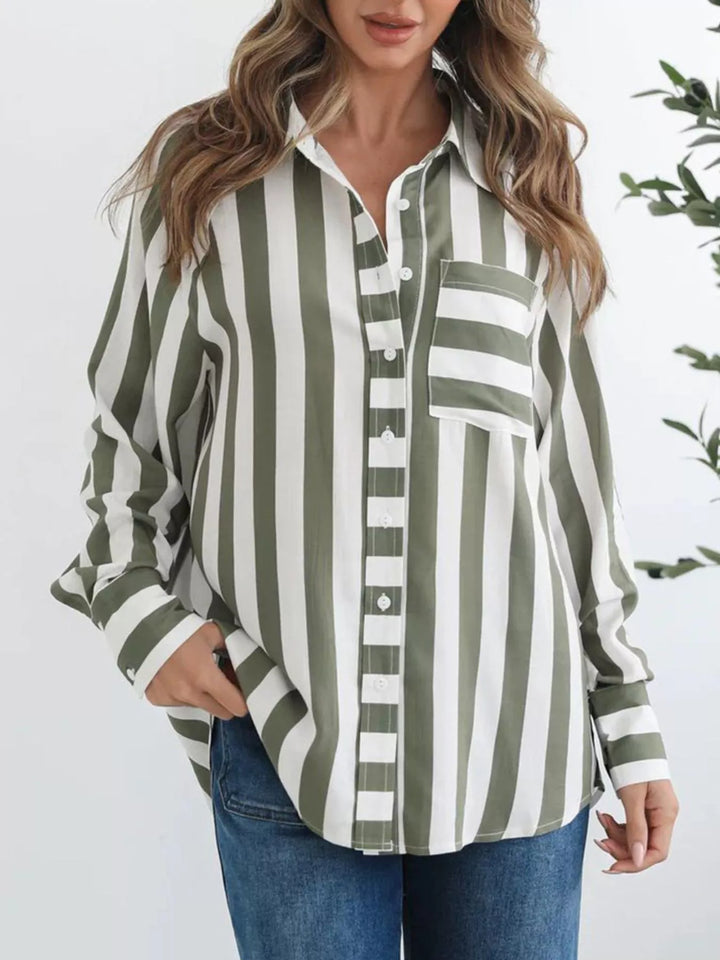 Army Green Striped long-sleeve button-down shirt with chest pocket