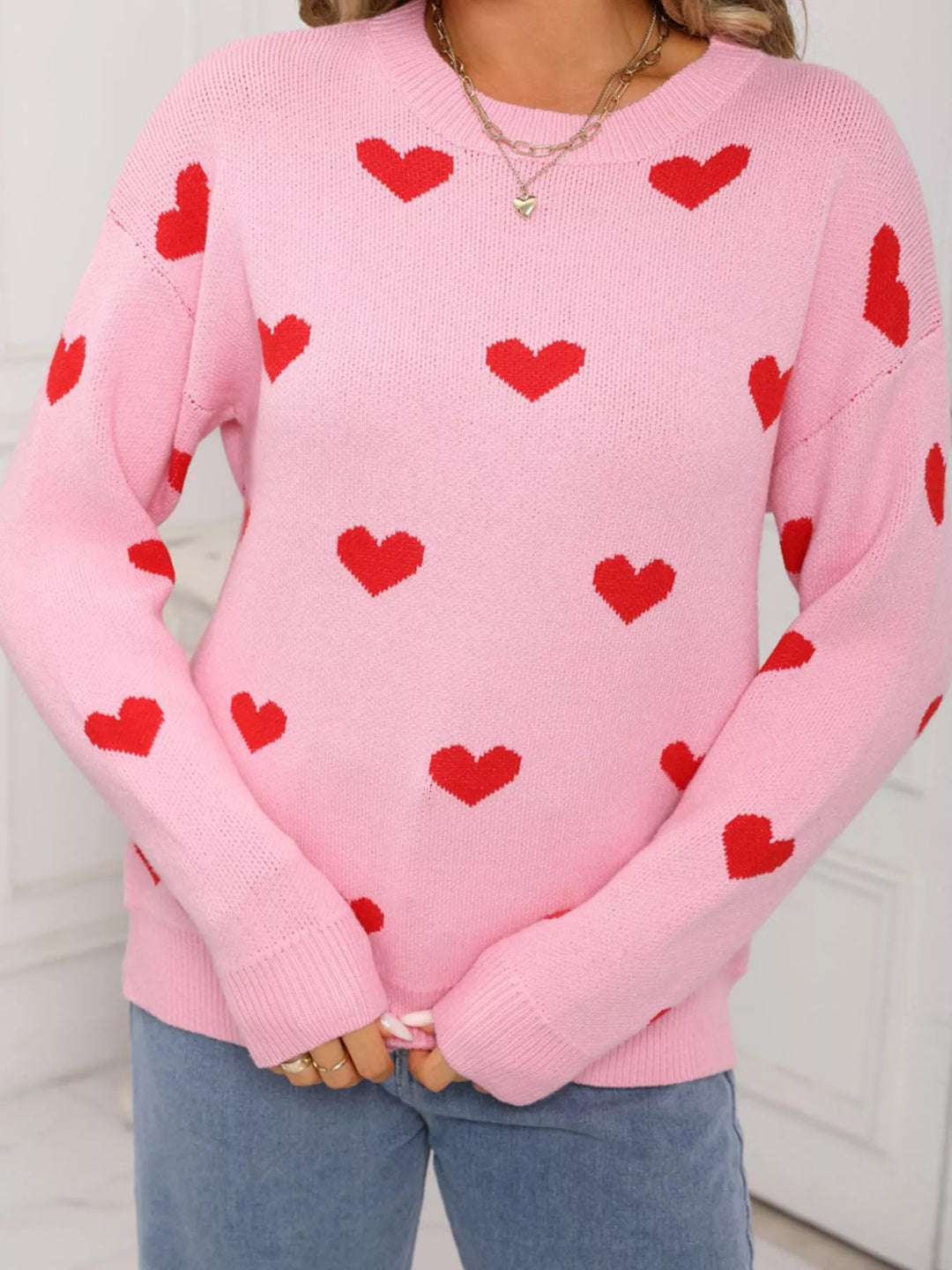 Heart pattern dropped shoulder crew neck sweater