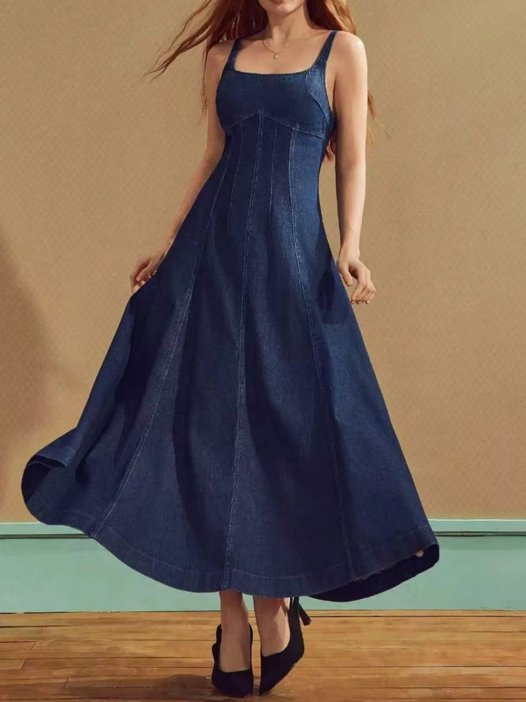 Blue Square neck sleeveless denim maxi dress with A-line skirt