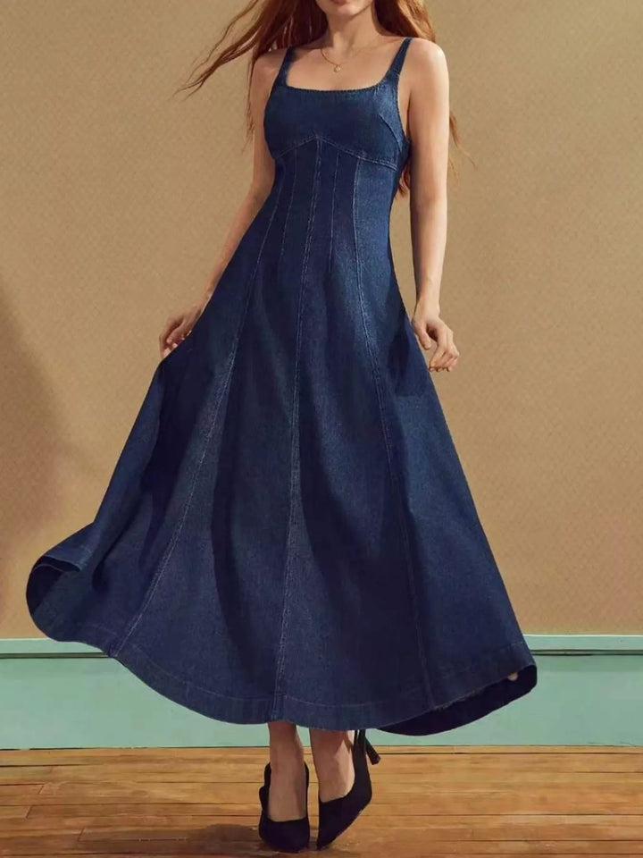 Blue Square neck sleeveless denim maxi dress with A-line skirt