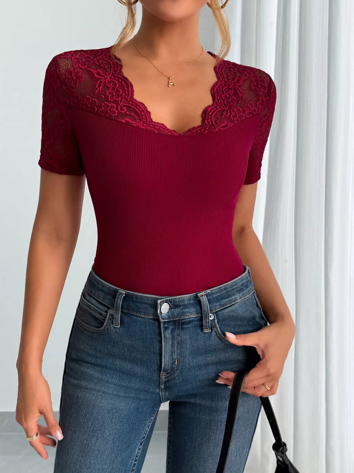 Burgundy Lace trim V-neck ribbed fitted top with short sleeves
