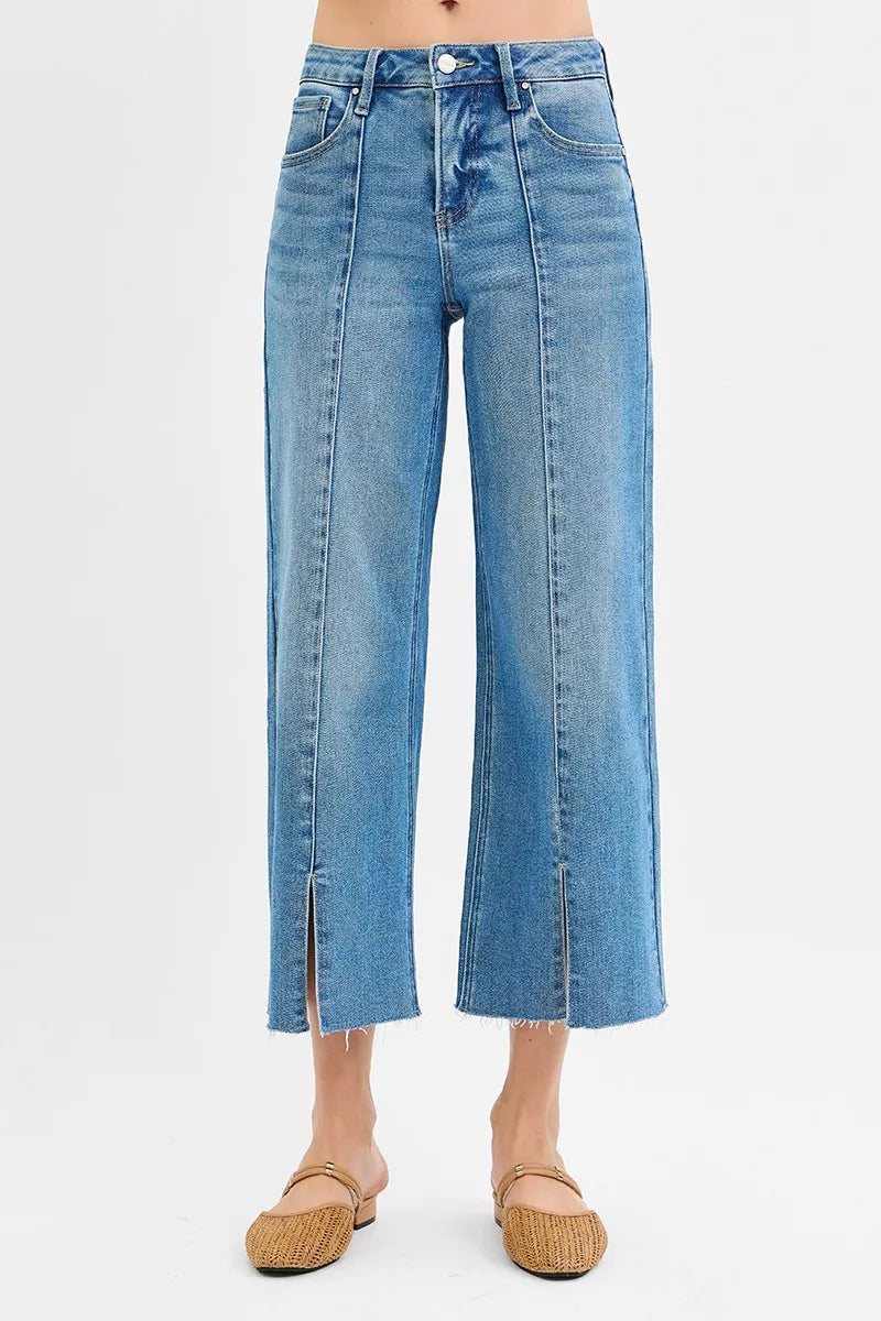 Mid-rise wide-leg crop jeans with raw hem and front slit