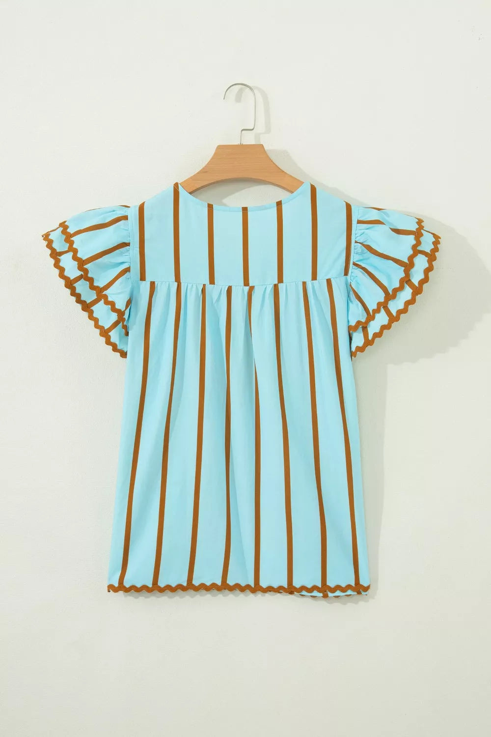 Striped ricrac-trim double-ruffle v-neck blouse