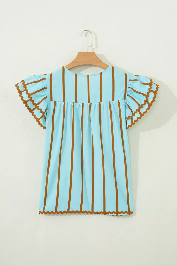 Striped ricrac-trim double-ruffle v-neck blouse