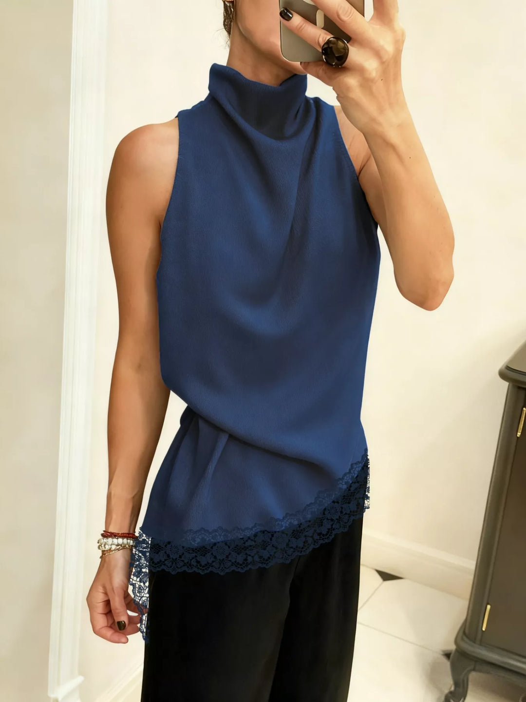 Asymmetric lace-hem satin cami with high cowl neck