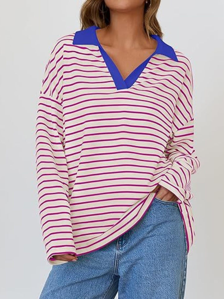 Rose Red Striped oversized long sleeve top with contrast collar