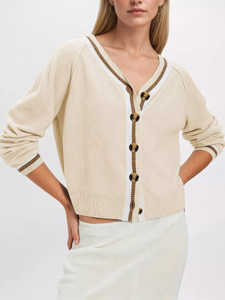 Striped trim V-neck button-down knit cardigan