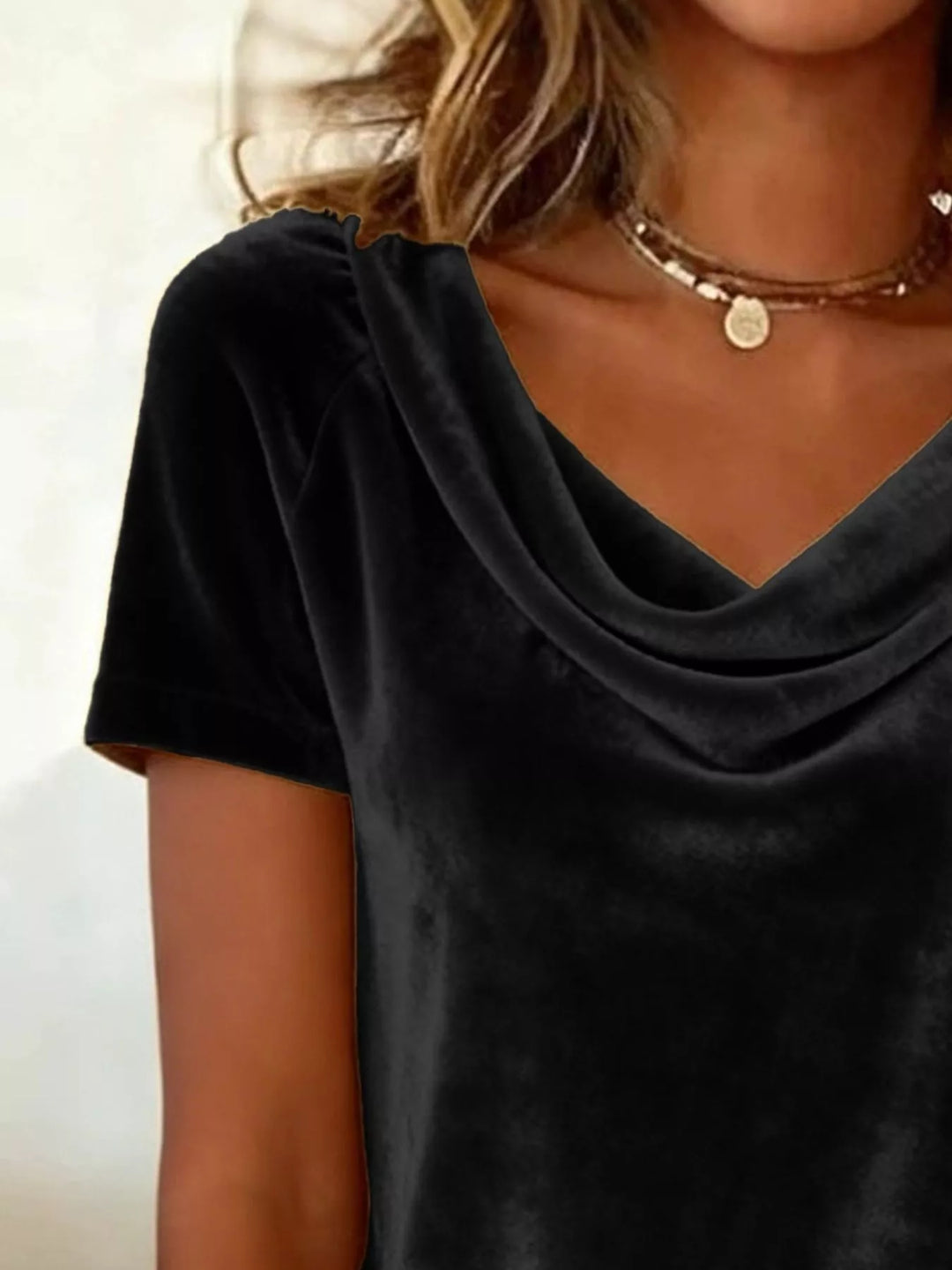 Draped cowl neck velvet top with short sleeves