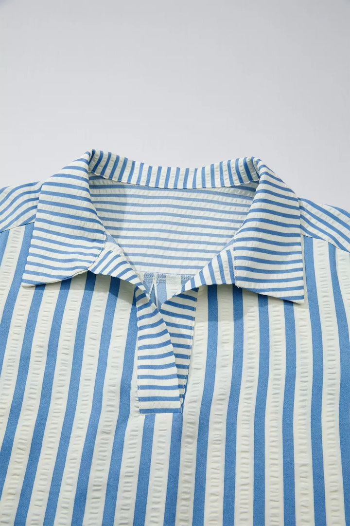Striped seersucker collared blouse with 3/4 sleeves