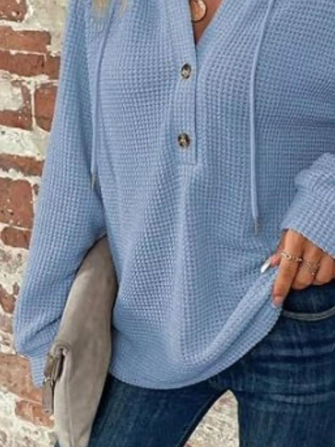 Waffle knit button-front hoodie with drawstring hood