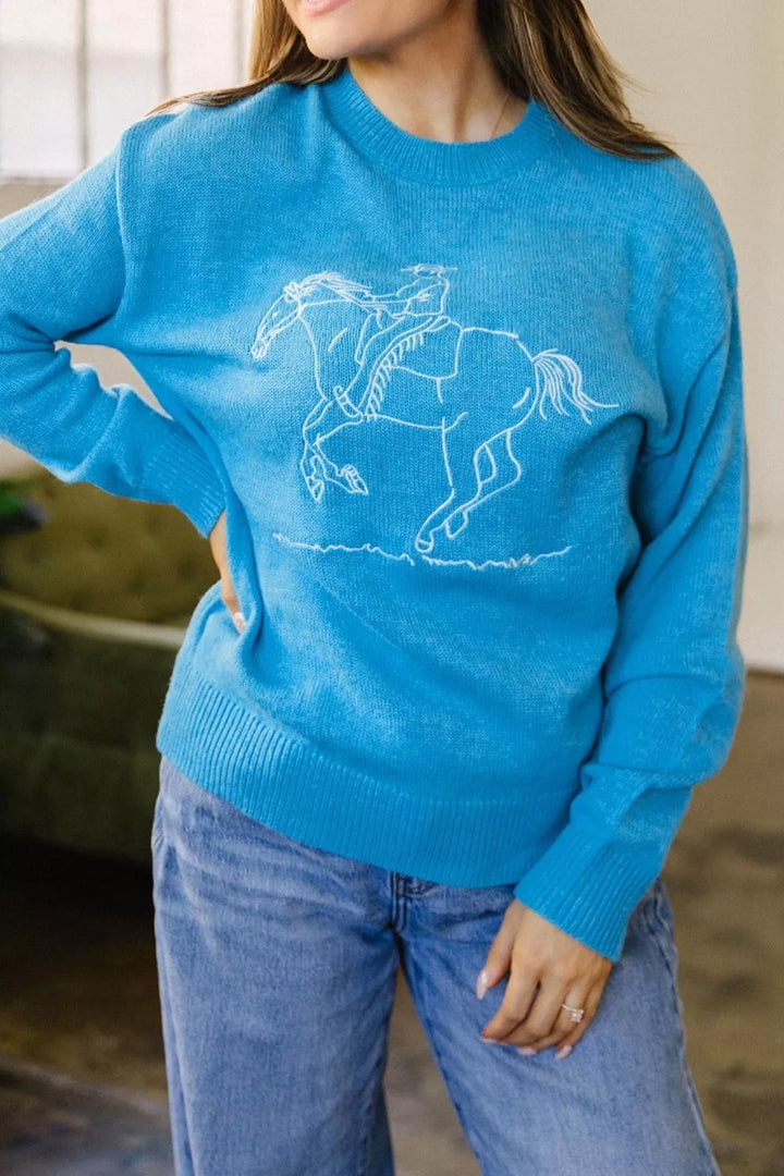 Embroidered bronco rider drop shoulder crewneck sweater
