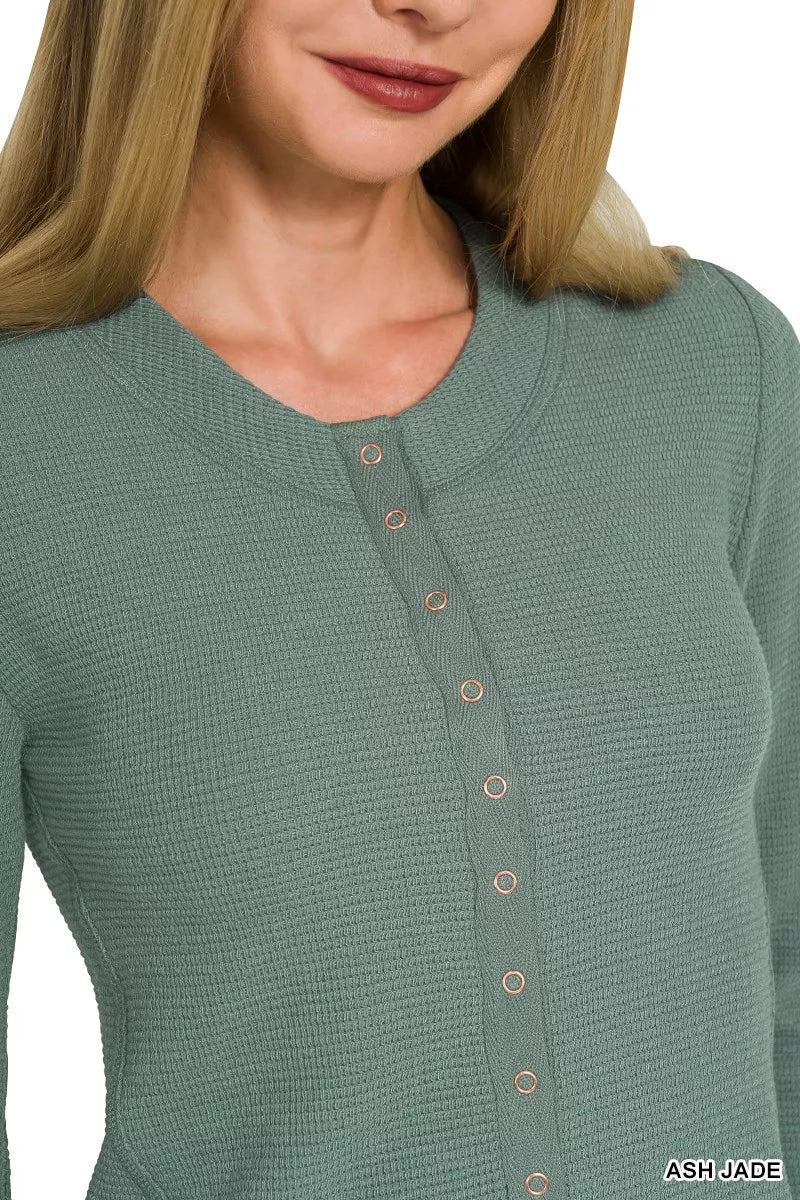 Textured double knit snap button long sleeve top