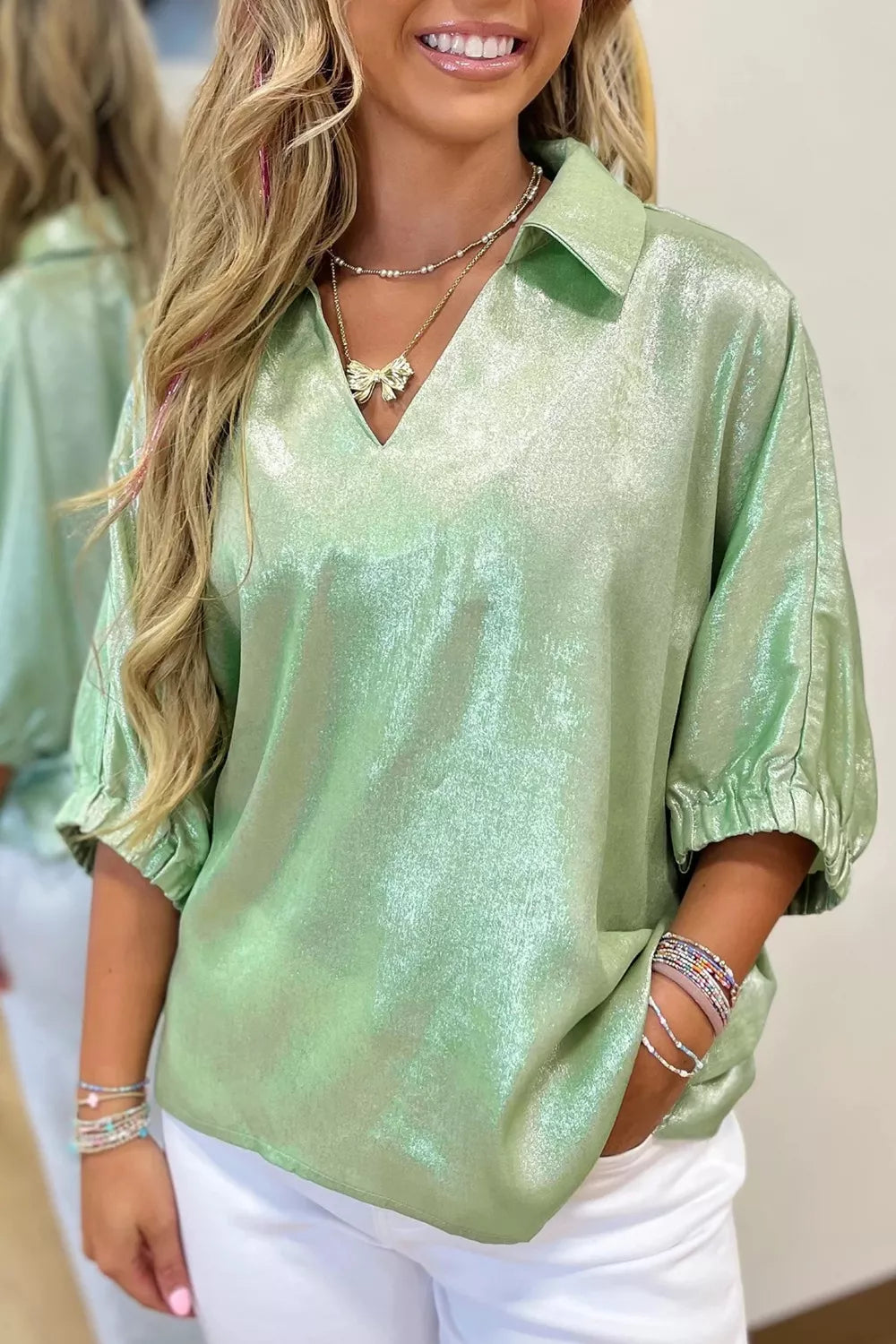 Metallic sheen johnny collar blouse with 3/4 puff sleeves