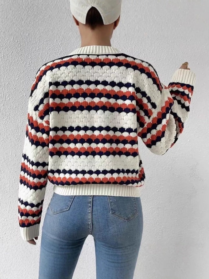 Textured stripe open-knit round neck sweater