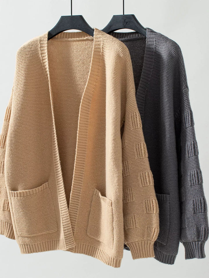 Textured basketweave knit open-front cardigan with pockets