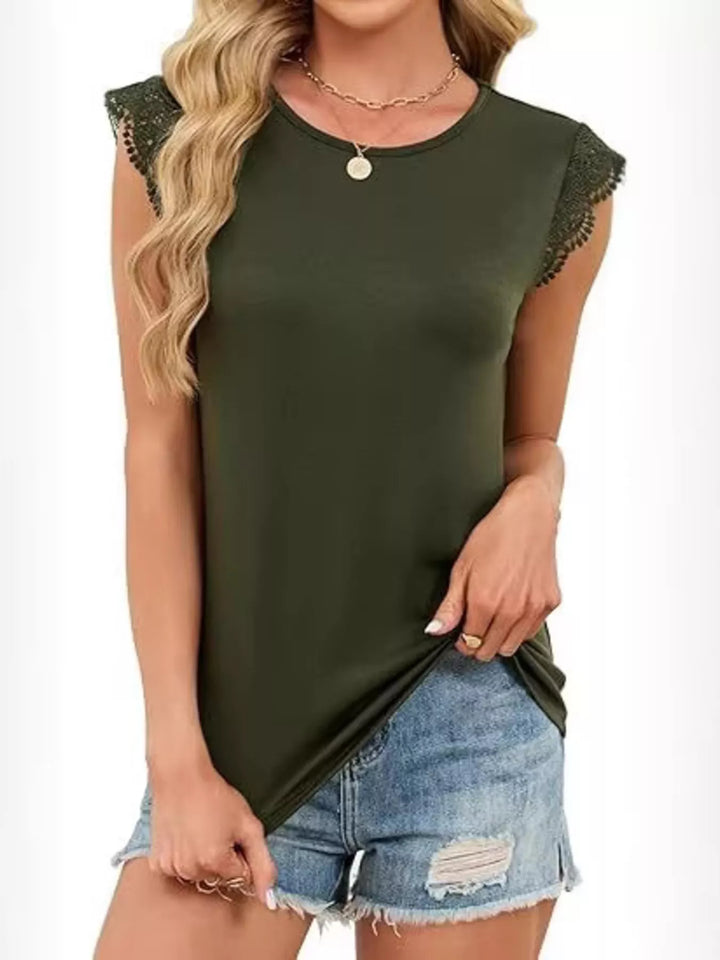 Lace trim cap sleeve crew neck knit top