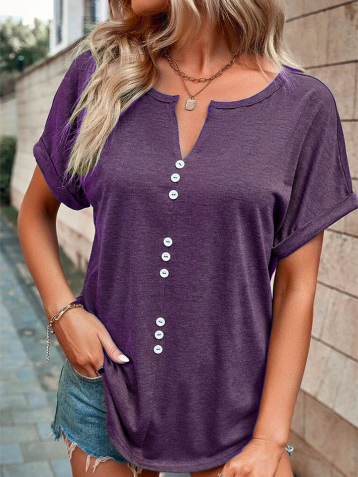 Decorative button-front notch neck short sleeve tee