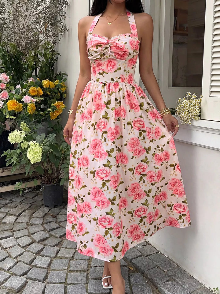 Blush Pink Rose print halter neck midi dress with smocked bodice