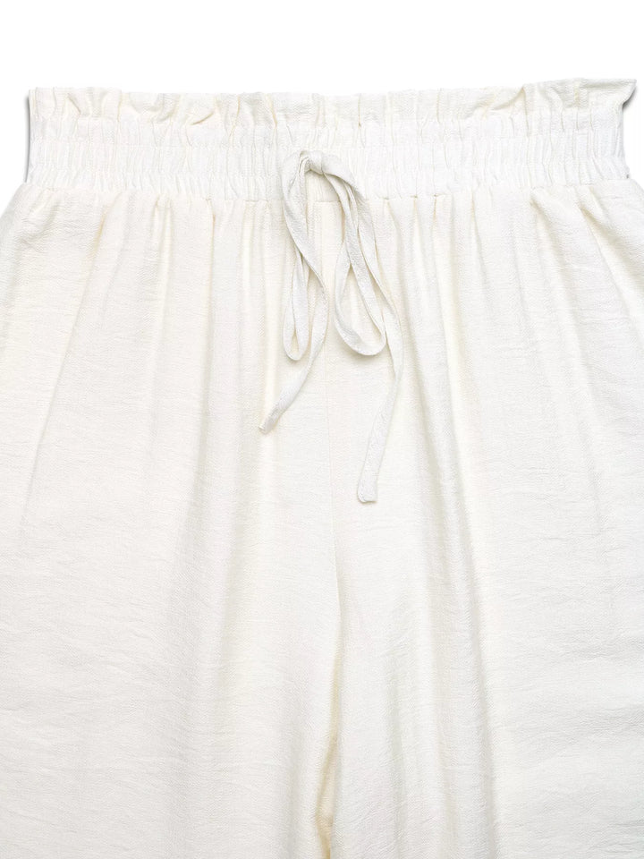 Wide leg drawstring pants with lace trim and pockets