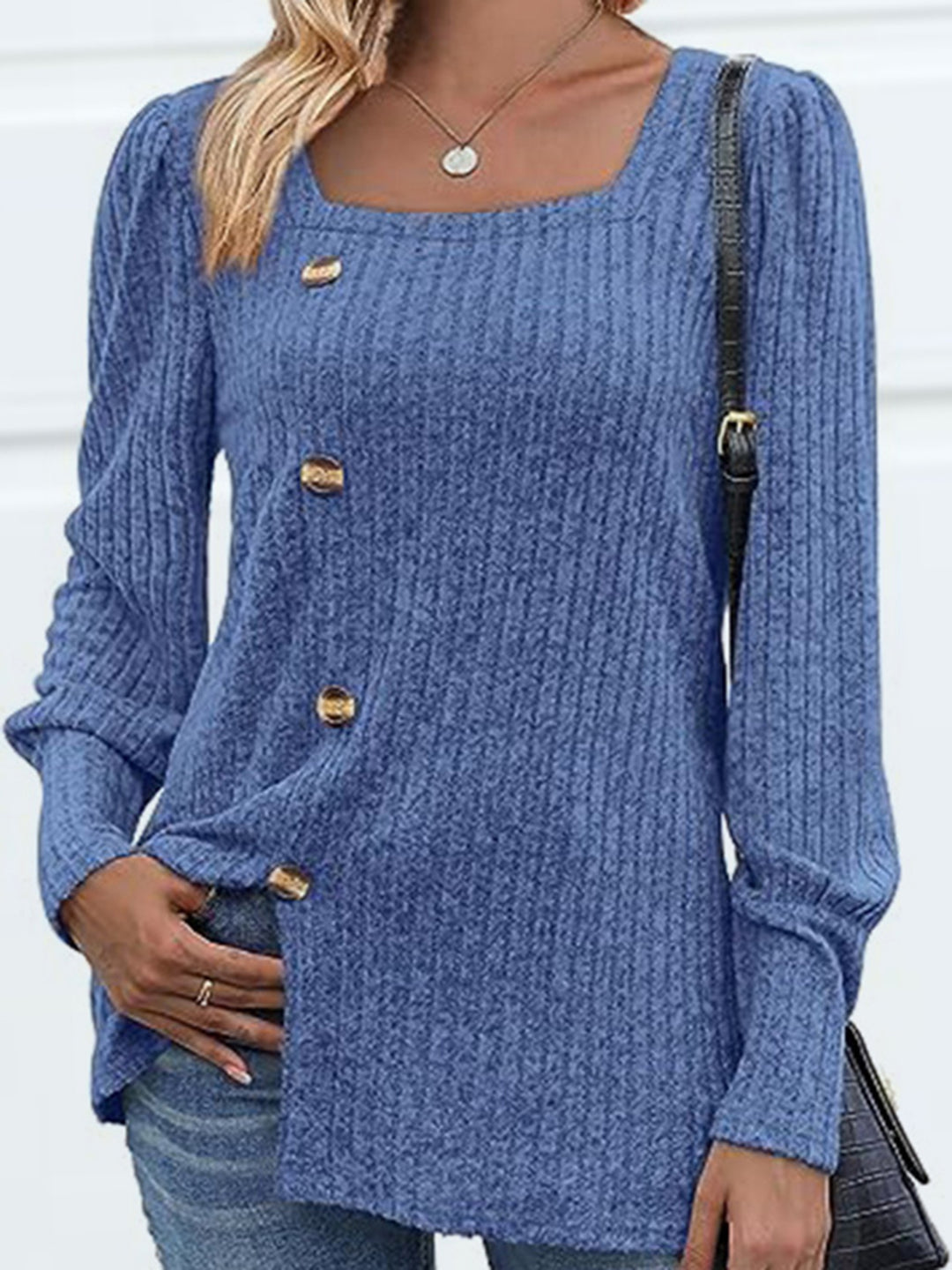 Ribbed knit square neck top with decorative buttons