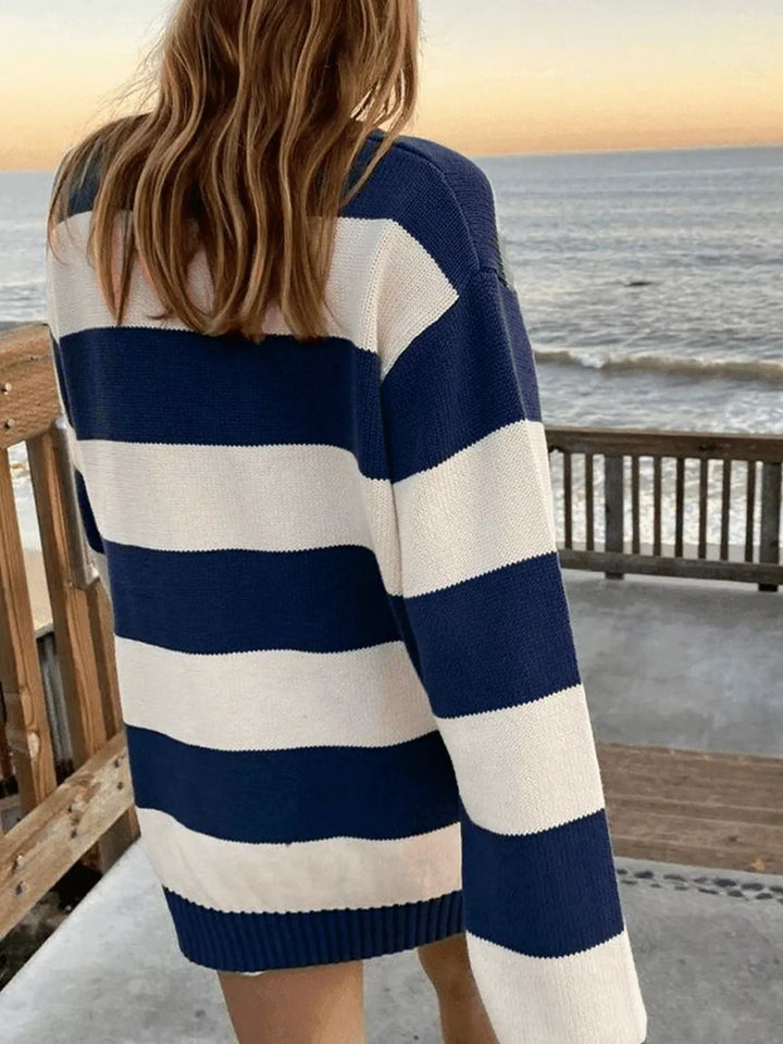 Wide stripe oversized crew neck knit sweater