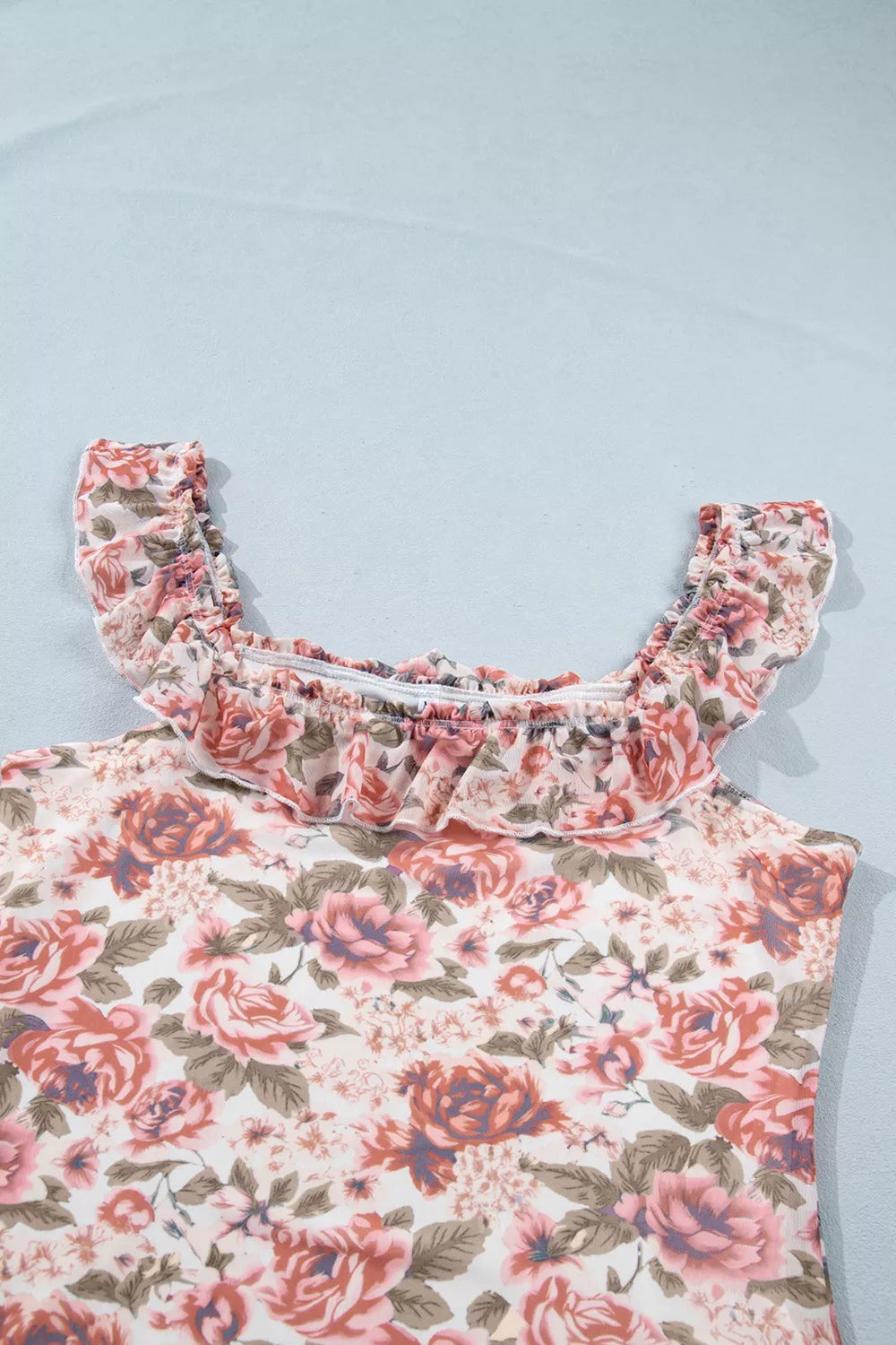 Floral ruffle-trim square-neck fitted tank top