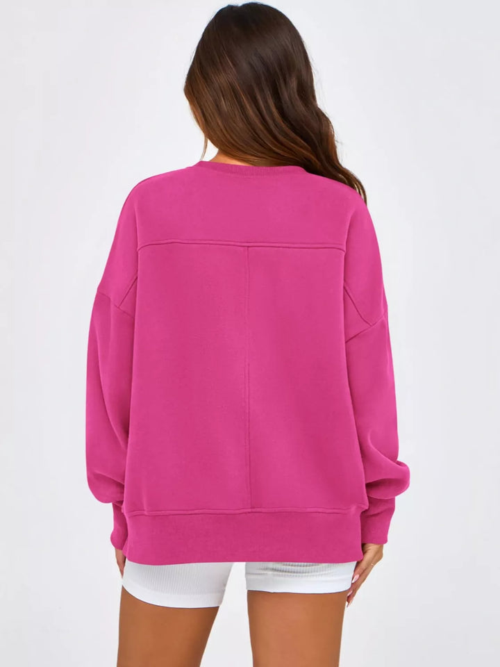 Side slit drop-shoulder relaxed crewneck sweatshirt