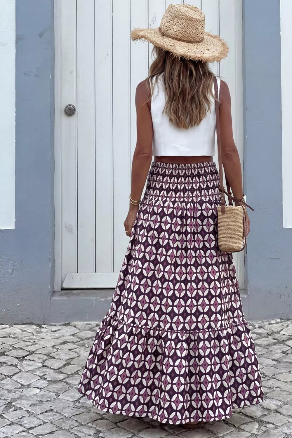 Geometric print tiered smocked waist maxi skirt