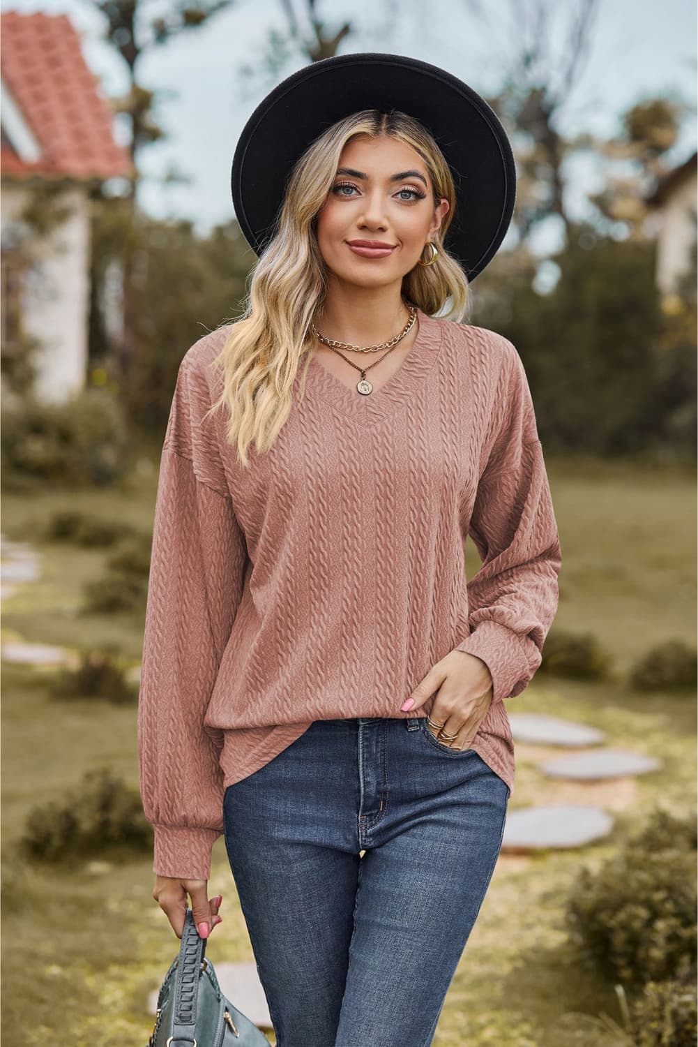 Dusty Pink Textured knit V-neck top with dropped shoulders