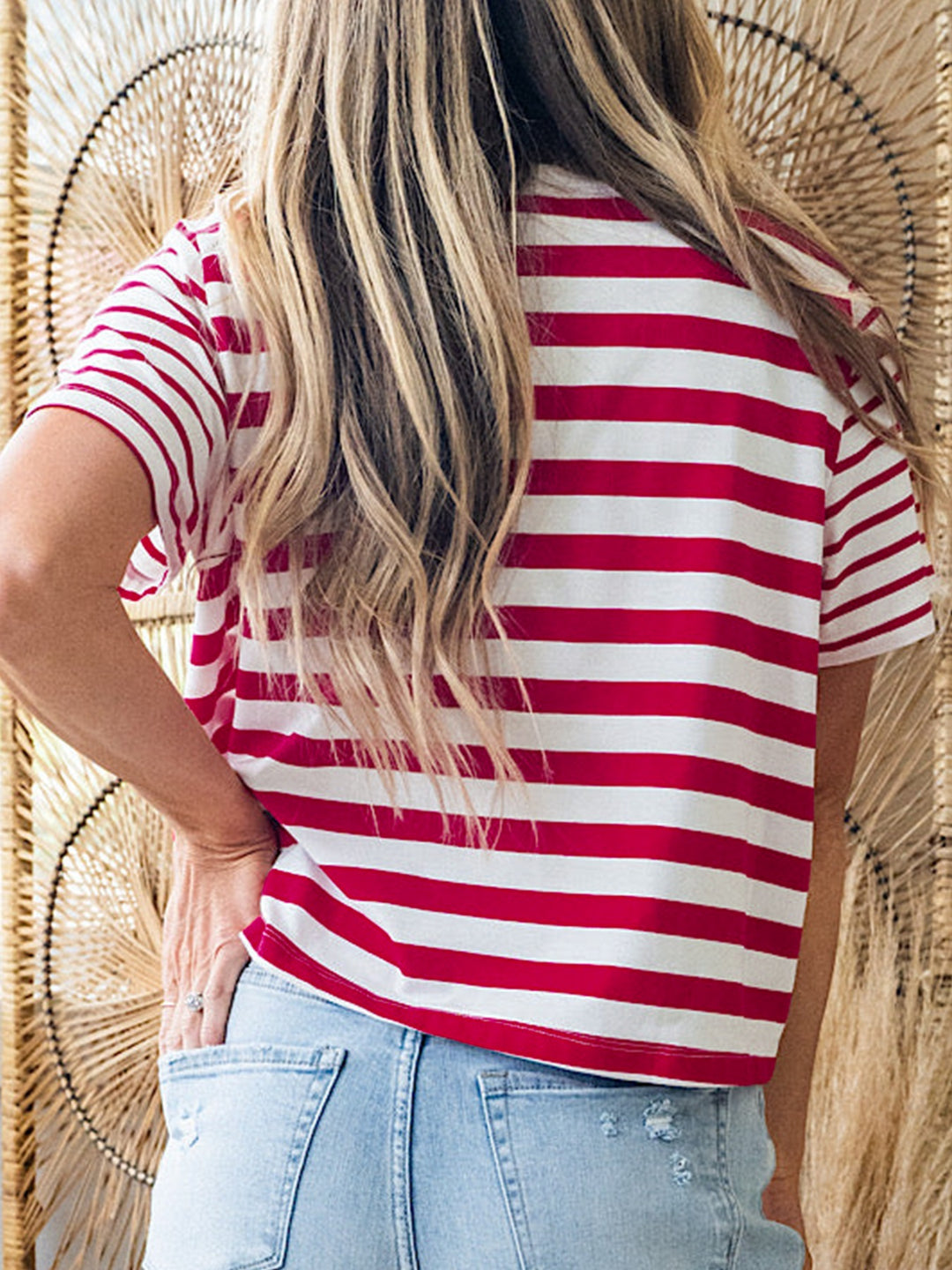 Striped patchwork short sleeve crew neck tee