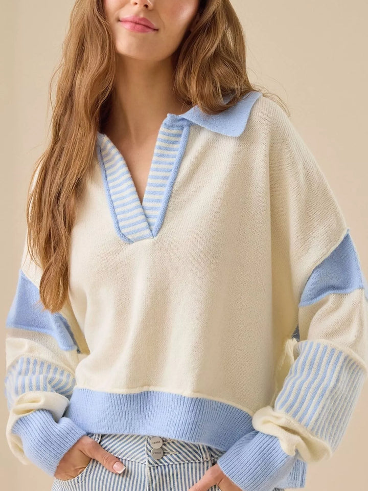 Cream Color-block dropped-shoulder collared knit sweater
