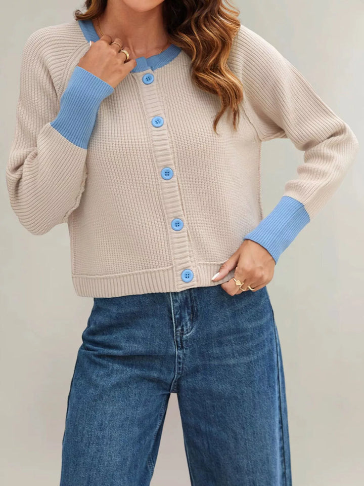 Ribbed knit cardigan with contrast trim and button front